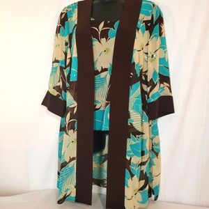 Size 14W Ladies Tank & Cardigan Kimono Duster Dana Kay Floral Print Aqua & Brown